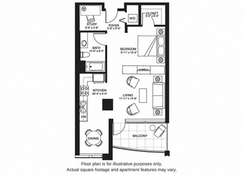Floor plan for studio, 1 bath, 750 sqft